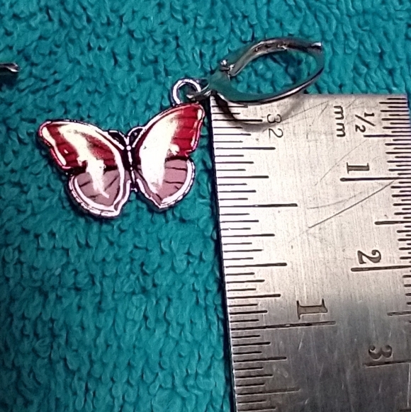 Silvertone red pink butterfly pierced wire dangle earrings - Picture 2 of 3